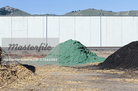 Piles of green bark wood chips used for landscaping, near Quincy