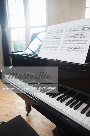 Sheet music on a Grand Piano in a rehearsal studio.