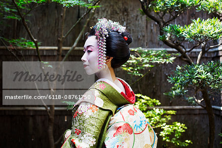 A woman dressed in the traditional geisha style, wearing a kimono and obi, with an elaborate hairstyle and floral hair clips, with white face makeup with bright red lips and dark eyes.