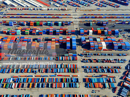 Aerial view of the container port at San Pedro in Los Angeles, with containers awaiting loading. A commercial freight dockyard.