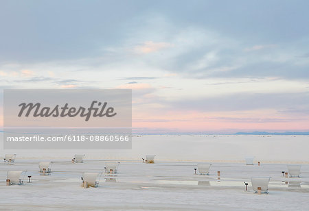 Picnic tables and shelters at White Sands National Park, dusk