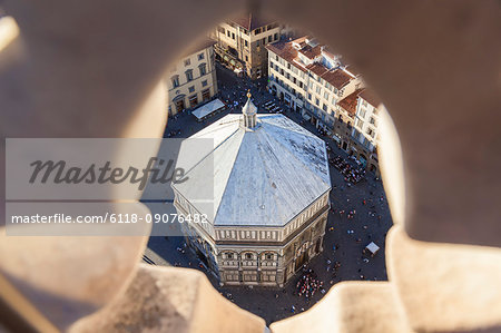 High angle view of the baptistry in Piazza del Duomo, Florence, Italy.