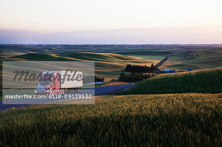 commercial truck driving though wheat fields of eastern Washington, USA at sunset.