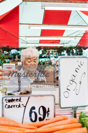 Senior woman standing at a stall in a fruit and vegetable market, looking at lettuce.