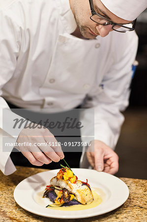 A Caucasian male chef putting the finishing touches on a plate of fish in a commercial kitchen. A Caucasian male chef putting the finishing touches on a plate of fish in a commercial kitchen.