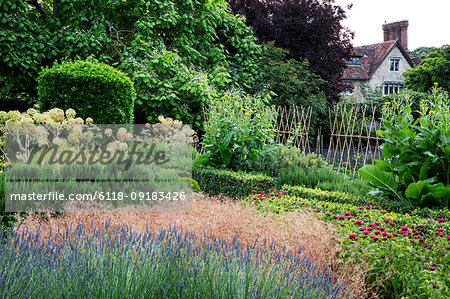 Walled garden with flowerbeds, shrubs and trees, historic manor house in the background.