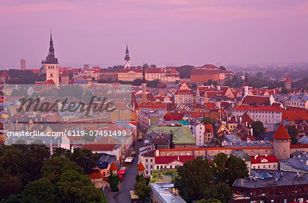 Elevated view over Old Town at dawn, Tallinn, Estonia, Europe