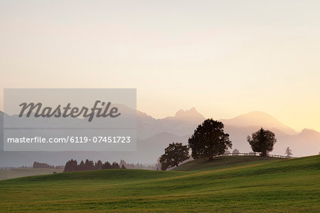 Prealps landscape at sunset, Fussen, Ostallgau, Allgau, Allgau Alps, Bavaria, Germany, Europe