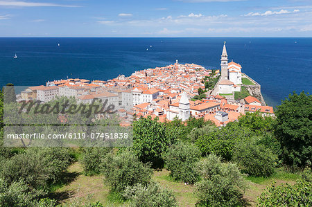 High angle view of the old town with Tartini Square, townhall and the cathedral of St. George, Piran, Istria, Slovenia, Europe