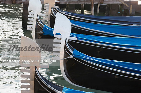 Gondolas moored in St. Mark's Basin, Venice, Veneto, Italy, Europe