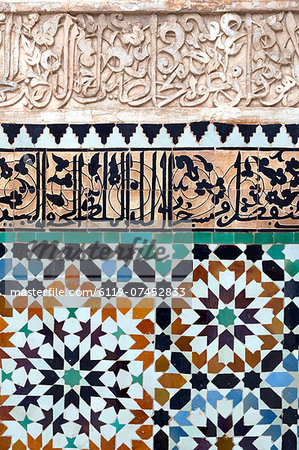 Traditional Moroccan Zallij tile work in the Ben Youssef Medersa, UNESCO World Heritage Site, Marrakech, Morocco, North Africa, Africa Traditional Moroccan Zallij tile work in the Ben Youssef Medersa, UNESCO World Heritage Site, Marrakech, Morocco, North Africa, Africa