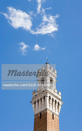 The bell tower of Palazzo Pubblico with cloud, Sienna, Tuscany, Italy