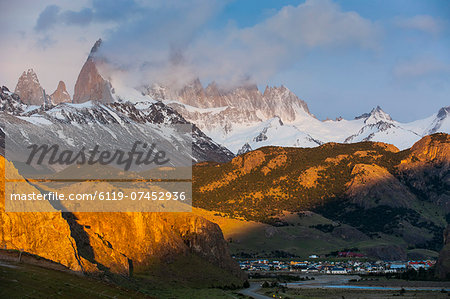 View of Mount Fitzroy near El Chalten at sunrise, Los Glaciares National Park, UNESCO World Heritage Site, Patagonia, Argentina, South America