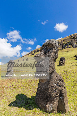 Rano Raraku, the quarry site for all moai statues on Easter Island (Isla de Pascua) (Rapa Nui), UNESCO World Heritage Site, Chile, South America