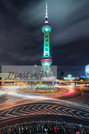 Oriental Pearl Tower with light trails in Shanghai Pudong, Shanghai, China, Asia