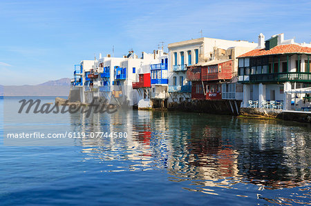 Little Venice reflections, Mykonos Town (Chora), Mykonos, Cyclades, Greek Islands, Greece, Europe