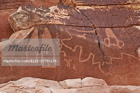 Petroglyphs near the Kohta Circus petroglyph panel, Gold Butte, Nevada, United States of America, North America