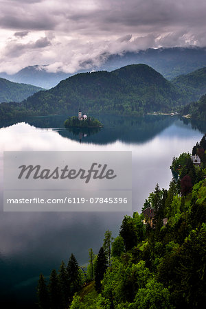 View of Lake Bled from Lake Bled Castle, Bled, Julian Alps, Gorenjska, Upper Carniola Region, Slovenia, Europe