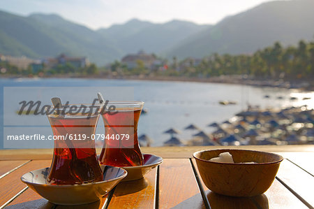 Turkish tea and beach, Icmeler, Marmaris, Anatolia, Turkey, Asia Minor, Eurasia