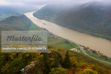 View from castle Aggstein down on the Danube River in fall, Wachau Cultural Landscape UNESCO World Heritage Site, Austria, Europe