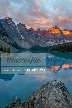 Moraine Lake at sunrise with pink clouds, Banff National Park, UNESCO World Heritage Site, Alberta, Rocky Mountains, Canada, North America Moraine Lake at sunrise with pink clouds, Banff National Park, UNESCO World Heritage Site, Alberta, Rocky Mountains, Canada, North America