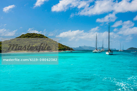 Sailing boats anchoring in the Tobago Cays, The Grenadines, St. Vincent and the Grenadines, Windward Islands, West Indies, Caribbean, Central America