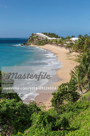 View of the beach in Carlisle where among the vegetation was built a prestigious resort crowded with tourists all year round, St. Johns, Antigua, Leeward Islands, West Indies, Caribbean, Central America