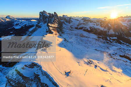 Aerial view of the Odle at sunset, Gardena Valley, Dolomites, Trentino-Alto Adige, Italy, Europe