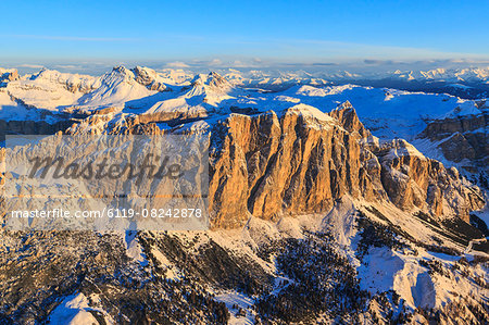 Aerial view of the Odle at sunset, Gardena Valley, Dolomites, Trentino-Alto Adige, Italy, Europe