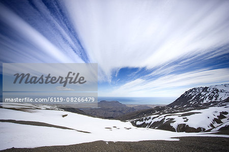 View towards the coast and sea from the Vatnajokull Glacier, southern area, Iceland, Polar Regions