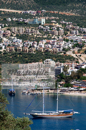 Gulet anchored at Kalkan, a popular tourist resort, Antalya Province, Anatolia, Turkey, Asia Minor, Eurasia