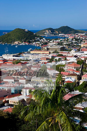 Elevated view over the town from Blackbeard's Castle, St. Thomas, U.S. Virgin Islands, West Indies, Caribbean, Central America