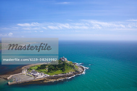 Aerial view of St. Michael's Mount, Penzance, Lands End Peninsula, West Penwith, Cornwall, England, United Kingdom, Europe