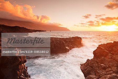 Lava coast of Las Puntas at sunset, El Golfo, biosphere reserve, El Hierro, Canary Islands, Spain, Atlantic, Europe