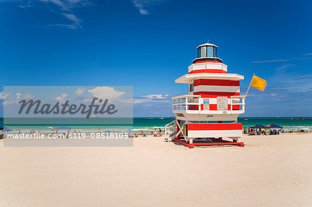 Art Deco style Lifeguard hut on South Beach, Ocean Drive, Miami Beach, Miami, Florida, United States of America, North America