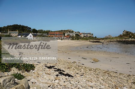 Beach at Old Grimsby with Ruin restaurant in background, Tresco, Isles of Scilly, England, United Kingdom, Europe