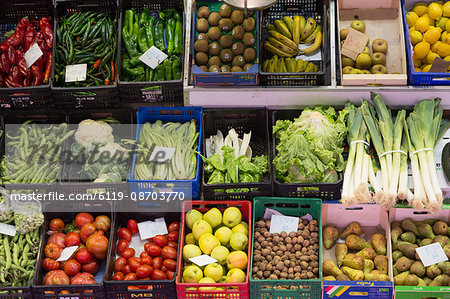 Fruit and vegetables for sale in Logrono covered market, La Rioja, Spain, Europe