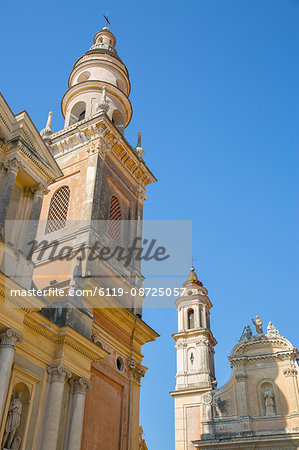 View of medieval Basilique Saint Michel, Menton, Alpes-Maritimes, Cote d'Azur, Provence, French Riviera, France, Mediterranean, Europe View of medieval Basilique Saint Michel, Menton, Alpes-Maritimes, Cote d'Azur, Provence, French Riviera, France, Mediterranean, Europe