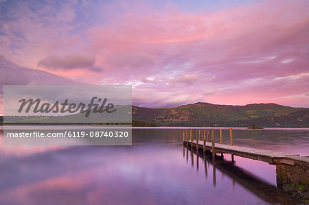 Sunset, Hawes End landing stage jetty, Derwent Water, Lake District, Cumbria, England, United Kingdom, Europe