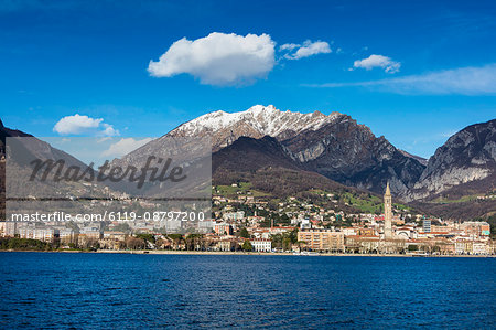 View of Lake Como and the city of Lecco framed by snowy peaks, Italian Lakes, Lombardy, Italy, Europe