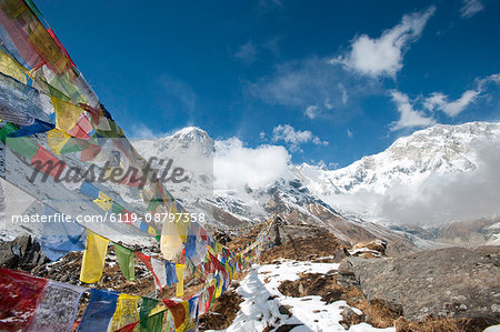 Buddhist prayer flags at Annapurna Base Camp, Nepal, Himalayas, Asia