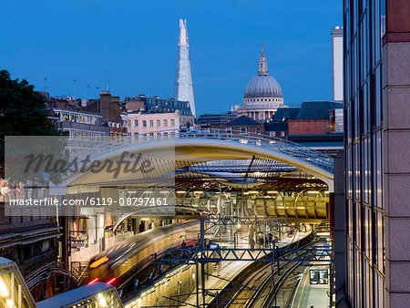 Farringdon Station dusk with The Shard and St. Pauls, London, England, United Kingdom, Europe