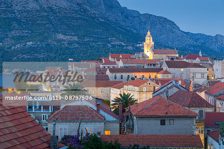 View of Korcula Town at dusk, Korcula, Dalmatia, Croatia, Europe