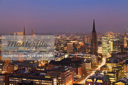 View over the city center at night, Hamburg, Hanseatic City, Germany, Europe