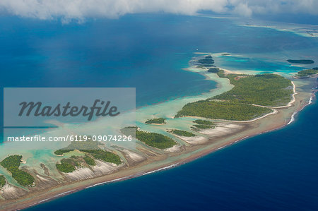 Aerial of the blue lagoon in Rangiroa, Tuamotus, French Polynesia, Pacific
