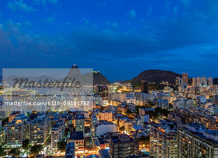 View over Botafogo towards the Sugarloaf Mountain at twilight, Rio de Janeiro, Brazil, South America