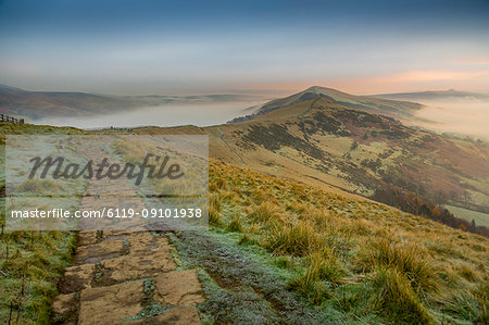 View from frosty Mam Tor of Hope Valley and Vale of Edale at sunrise, Castleton, Peak District National Park, Derbyshire, England, United Kingdom, Europe