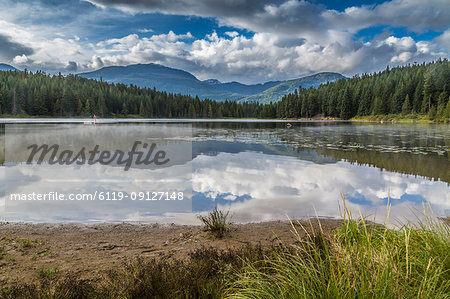 Mist on Lost Lake, Ski Hill and surrounding forest, Whistler, British Columbia, Canada, North America