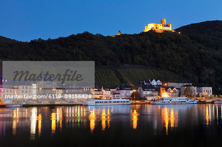 View over Moselle River to Bernkastel-Kues, ruins of Landshut Castle, Rhineland-Palatinate, Germany, Europe