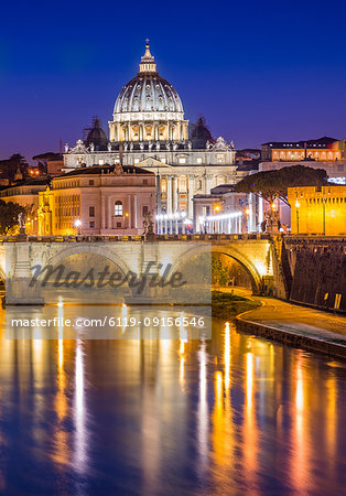 St. Peter's Basilica in Vatican City lit up after dark and Tiber River, Rome, Lazio, Italy, Europe St. Peter's Basilica in Vatican City lit up after dark and Tiber River, Rome, Lazio, Italy, Europe